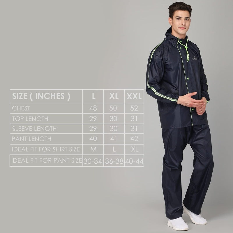 THE CLOWNFISH Bruce Series Men's Waterproof Polyester Raincoat with Hood and Reflector Logo at Back for Night Travelling. Set of Top and Bottom. Printed Plastic Pouch with Rope (Blue, XX-Large)