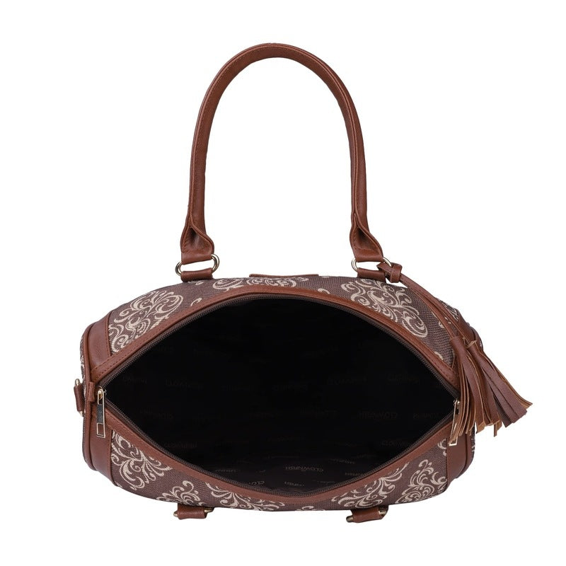 THE CLOWNFISH Lorna Printed Handicraft Fabric Handbag for Women Office Bag Ladies Shoulder Bag Tote For Women College Girls (Brown)