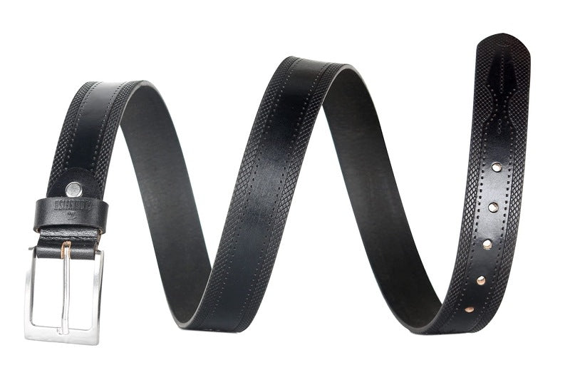 Clownfish men's genuine leather belt - displayed on a hanger