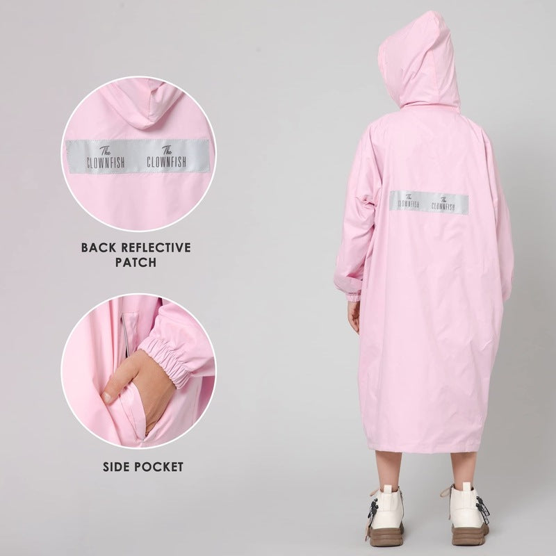 THE CLOWNFISH Cloud Chaser Series Kids Raincoat Waterproof Polyester Double Coating Reversible Longcoat with Hood and Reflector Logo at Back. Printed Plastic Pouch. Kid Age-11-12 years (Blush Pink)