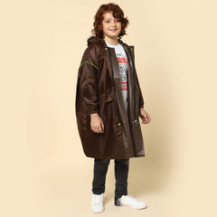 THE CLOWNFISH Oliver Series Kids Waterproof Polyester Double Coating Reversible Longcoat with Hood and Reflector Logo at Back. Printed Plastic Pouch. Kid Age-8-9 years (Brown)