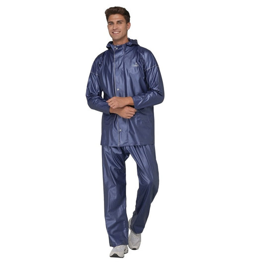 THE CLOWNFISH Oceanic Pro Series Men's Waterproof PVC Raincoat with Hood and Reflector Logo at Back for Night Travelling. Set of Top and Bottom (Blue, XXL)