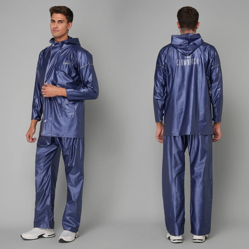 THE CLOWNFISH Oceanic Pro Series Men's Waterproof PVC Raincoat with Hood and Reflector Logo at Back for Night Travelling. Set of Top and Bottom (Blue, XXL)
