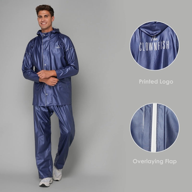 THE CLOWNFISH Oceanic Pro Series Men's Waterproof PVC Raincoat with Hood and Reflector Logo at Back for Night Travelling. Set of Top and Bottom (Blue, XXL)