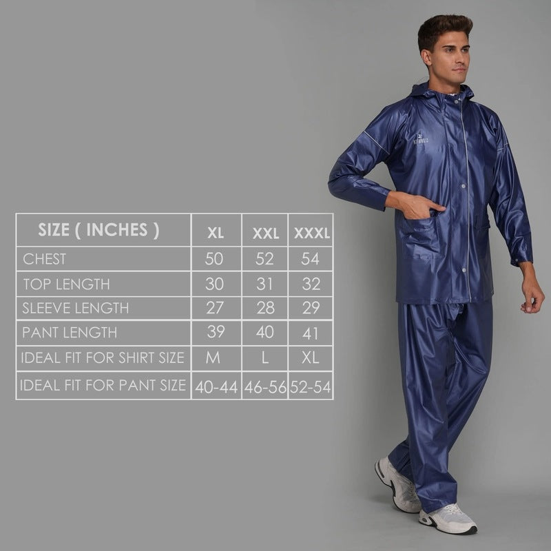 THE CLOWNFISH Oceanic Pro Series Men's Waterproof PVC Raincoat with Hood and Reflector Logo at Back for Night Travelling. Set of Top and Bottom (Blue, XXL)