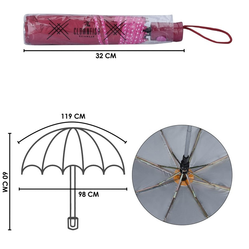 THE CLOWNFISH Umbrella Monochrome Series 3 Fold Auto Open Waterproof Water Repellent 190 T Polyester Double Coated Silver Lined Dotted Border Umbrellas For Men and Women (Maroon)