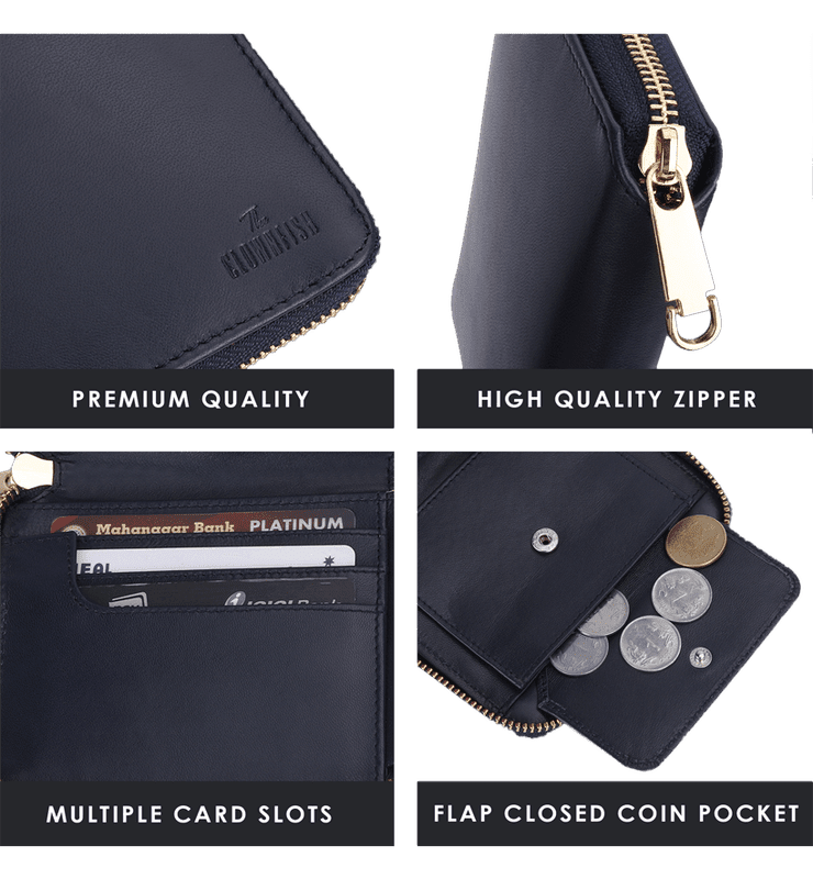 Zia Collection Genuine Leather Bi-Fold Zip Coin Pocket for Women's